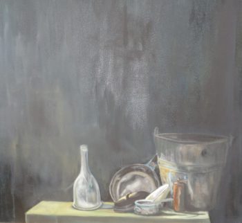 Beata Zuba: ...a w dziurawym wiadrze, wody już nie ma...z cyklu Przedmioty, 100x100, oil on canvas, 2009