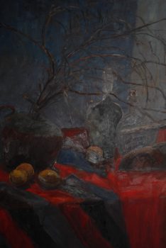 Beata Zuba: Na czerwonej materii stoi gliniany dzban, fragment - z cyklu Przedmioty, 100x90, oil on wood, 2006