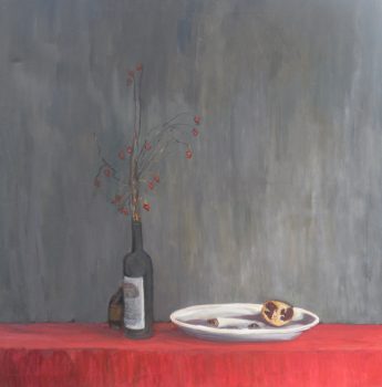 Beata Zuba: Na czerwonym płótnie zeschnięty granat, z cyklu Przedmioty, 100x100, oil on canvas, 2009
