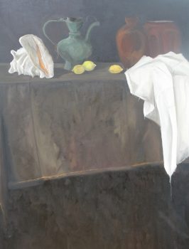 Beata Zuba: ...trzy cytryny na stole leżały..z cyklu Przedmioty, 120x100, oil on canvas, 2019