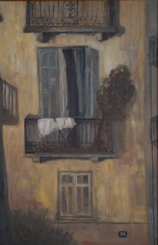Beata Zuba: Za oknem ciepłym popołudniem, z cyklu Szkice z podróży, 90x60, oil on wood, 2008