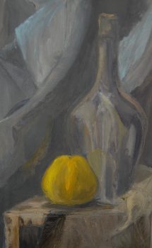 Beata Zuba: ...żółte jabłko..z cyklu Przedmioty, 30x22, olej na papierze, 2007